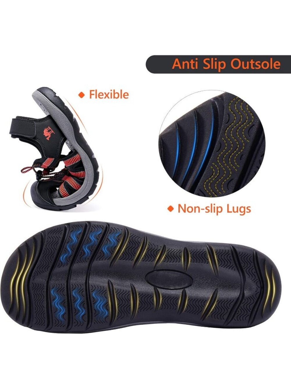 Men's Black Closed Toe Outdoor Beach Hiking Rubber Waterproof Sport Sandals - Picture 4 of 6